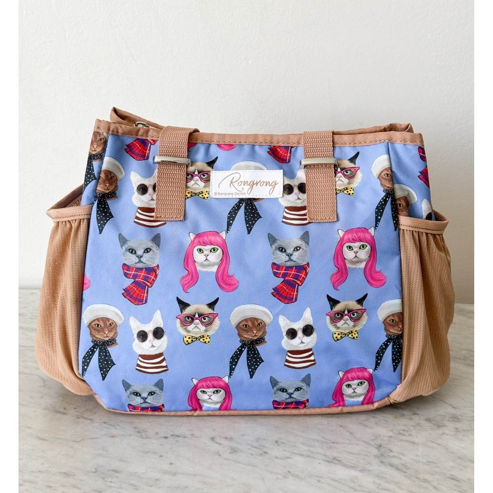 Rongrong DeVoe‎ Cat Print Insulated Lunch Tote Bag Blue Tan